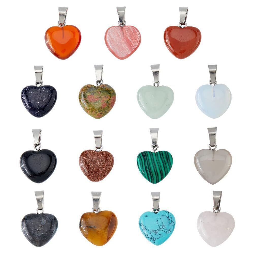 2803 15Pcs Colorful Heart Stone Pendants 15mm Crystal Gemstone Pendants